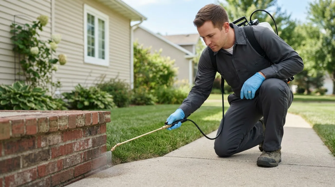 Pest control technician treating a home near Middletown, IA